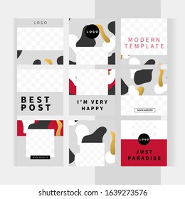 Set of square templates for design of social networks, instagram posts and print with windows for images. Elegant modern camouflage style with gold elements on beautiful red background.