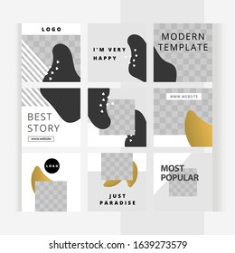 Set of square templates for design of social networks, story and print with windows for images. Elegant modern camouflage style with gold elements.
