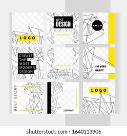 Set of square templates for design of social networks, story and print with windows for images. Linear mess. Chaotic abstract lines on yellow background.