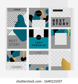 Set of square templates for design of social networks, instagram posts and print with windows for images. Elegant modern soaring golden clouds style on aquamarine background.
