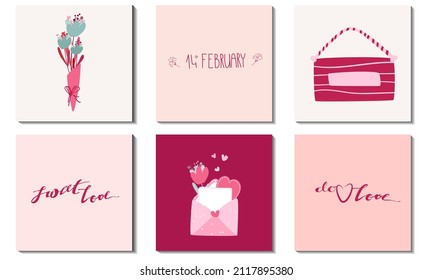 A set of square templates with drawings and inscriptions for Valentine's Day in a doodle style. Vector illustration. 