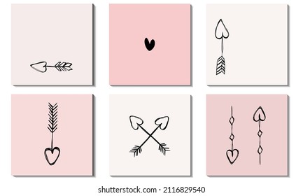 Set of square templates in pastel pink colors. Cupid's arrows in doodle style. Vector illustration.