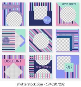 Set of square templates for social media design. Vector geometric background for social networks. Abstract minimal design.Colorful striped design with place for photos.
