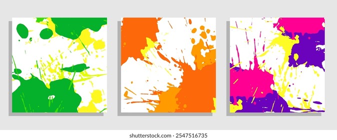 Set of square templates with splashes and stains of bright paint. Collection of paint drops, brush strokes for decoration. Isolated vector on white background