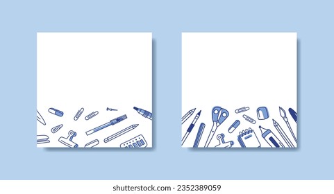 Set of square templates with stationery items. Doodle style. Education. Back to school. Brush, pen, pencil, eraser, scissors and other elements.