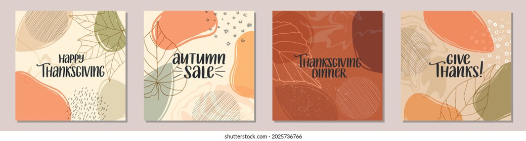 Set of square Thanksgiving card templates. Trendy abstract texture autumn backgrounds as greeting cards, posters, social media posts, web ads, banners.