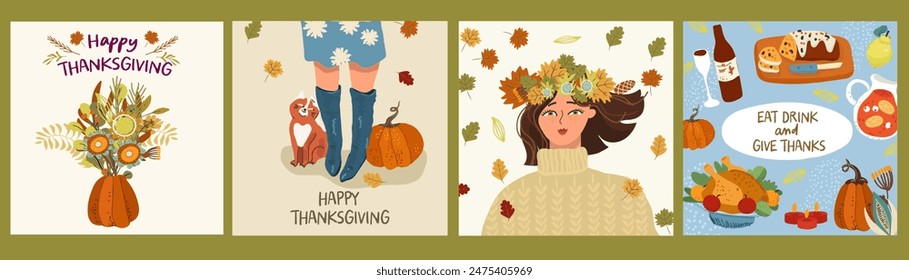 Conjunto de tarjetas cuadradas de Acción de Gracias. Chica en la corona de otoño, mesa de vacaciones, símbolos de otoño. Vibraciones otoñales. Vector dibujado a mano ilustración.