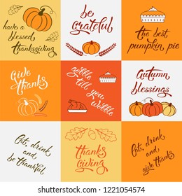 Set of square thanksgiving greeting cards for holiday design with lettering, pumpkins, pumpkin pie, wheat ears and oak leaves. suitable for postcard, banner, icon, logo, banner, tag, bag. EPS 8