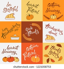 Set of square thanksgiving greeting cards for holiday design with lettering, pumpkins, oak leaves, turkey, pumpkin pie, wheat ears. Suitable for postcard, banner, icon, logo, banner, tag, bag. EPS 8