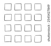 Set of square thin outline frames, drawn by hand in sweeping neat handwriting with dynamics. Graphic template of table with four rows and columns. Vector illustration of simple geometric shape.