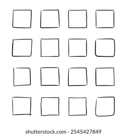 Conjunto de marcos de contorno cuadrado delgado, dibujado a mano en una escritura ordenada y dinámica. Plantilla gráfica de la tabla con cuatro filas y columnas. Ilustración vectorial de forma geométrica simple.