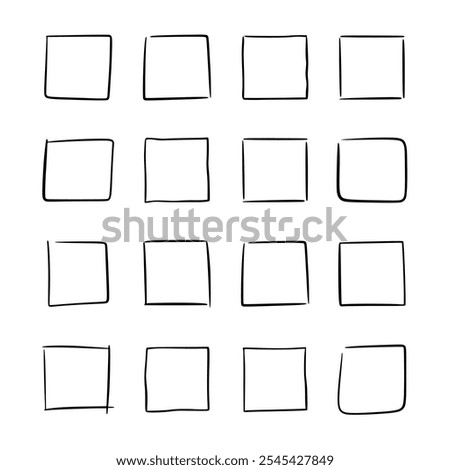 Set of square thin outline frames, drawn by hand in sweeping neat handwriting with dynamics. Graphic template of table with four rows and columns. Vector illustration of simple geometric shape.