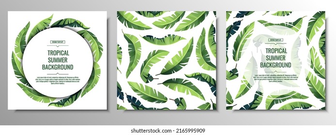 Set of square tropical cards, banners, backgrounds, flyers with green palm leaves. Summer illustration for printing invitations, cards, etc.