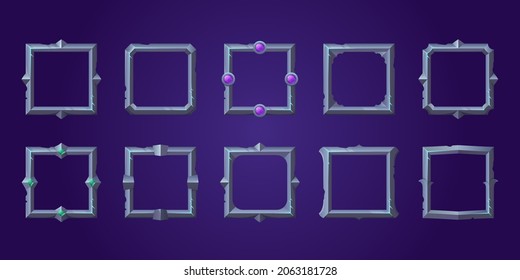 Set of square ui game frames, textured medieval jagged metal borders. Cartoon empty steel metallic bordering with fancy gemstones, isolated fantasy graphic design gui elements, Vector illustration