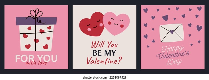 A set of square Valentine's Day cards. A gift for you with love. Will you be my Valentine? Hearts and a love letter. Vector template