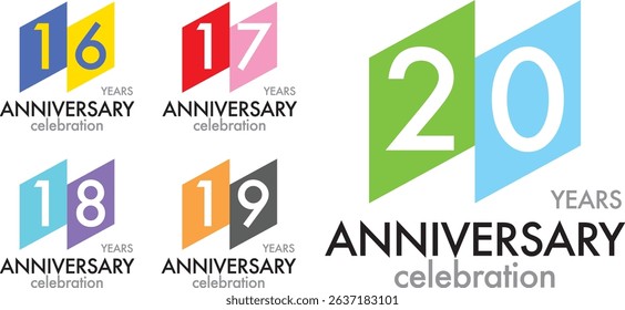 set of square various color number 16 17 18 19 20 and the words YEARS ANNIVERSARY celebration at the bottom.