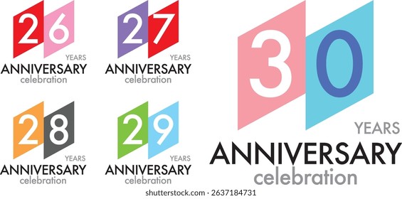 set of square various color number 26 27 28 29 30 and the words YEARS ANNIVERSARY celebration at the bottom.