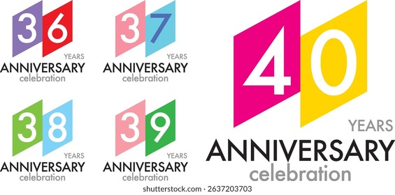 set of square various color number 36 37 38 39 40 and the words YEARS ANNIVERSARY celebration at the bottom.