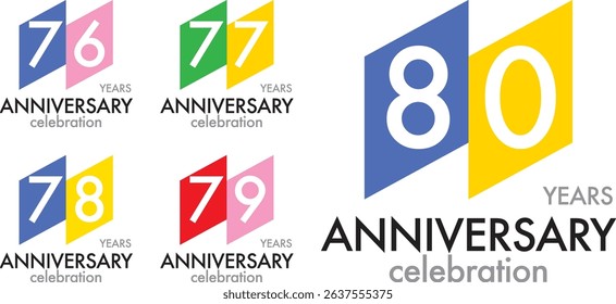 set of square various color number 76 77 78 79 80 and the words YEARS ANNIVERSARY celebration at the bottom.