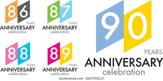 set of square various color number 86 87 88 89 90 and the words YEARS ANNIVERSARY celebration at the bottom.