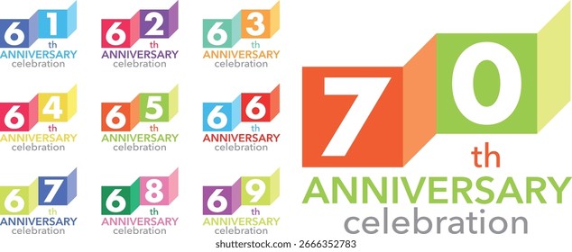 set of square various color number 61 62 63 64 65 66 67 68 69 and 70 with words th ANNIVERSARY celebration ion white background.