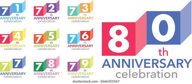 conjunto de cuadrado de varios números de color 71 72 73 74 75 76 77 78 79 y 80 con palabras celebración del ANIVERSARIO ión fondo blanco.