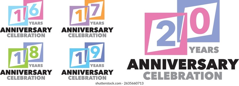 conjunto de quadrado vários colorido com o número interno 16 17 18 19 20 e as palavras ANIVERSÁRIO DE ANOS celebração na parte inferior.