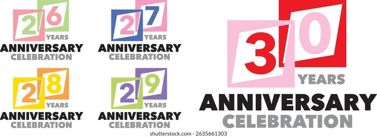 set of square various colorful with inside number 26 27 28 29 30 and the words YEARS ANNIVERSARY celebration at the bottom.