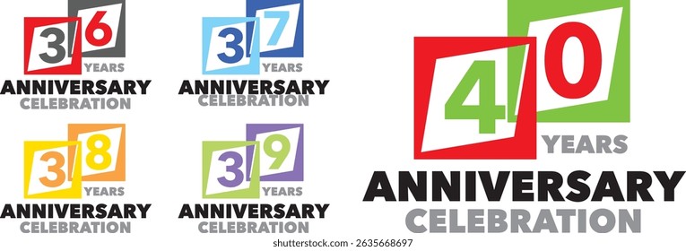 conjunto de quadrado vários colorido com o número interno 36 37 38 39 40 e as palavras ANIVERSÁRIO DE ANOS celebração na parte inferior.
