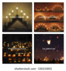 Set of square vector blurred backgrounds. Christmas lights, candles, triangular and circular candlesticks, festive lanterns. Mesh technology.