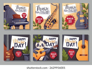 A set of square vector illustrations for music sales with instruments and 50 percent off discount stickers.
