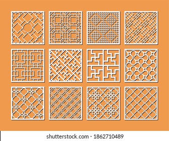 Set of square vector mockups of laser cut plywood decorative panels with minimal dots and nodes