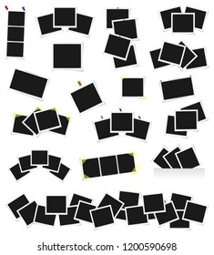 Set of square vector photo frames on sticky tape, pins and rivets isolated on white background. template photo design. Vector illustration