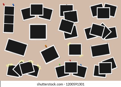 Set of square vector photo frames on sticky tape, pins and rivets isolated on beige background. Template photo design. Vector illustration