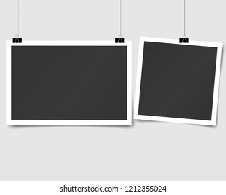 set of square vector photo frames on pins. Vertical and horizontal template photo design