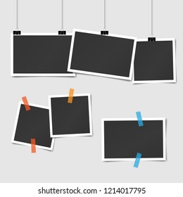 set of square vector photo frames on sticky tape and pins. Vertical and horizontal template photo design