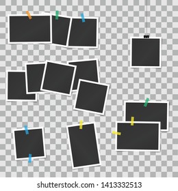 set of square vector photo frames on sticky tape and pins. Vertical and horizontal template photo design