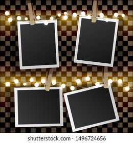 Set of square vector photo frames on binders and yellow light garlands. Template photo design.Isolated on transparent background