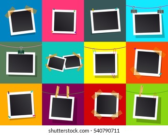 Set of square vector photo frames. Isolated on color background.