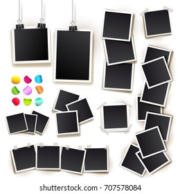 Set of square vector photo frames on sticky tape, pins and rivets. Template photo design. Vector illustration. Isolated on white background