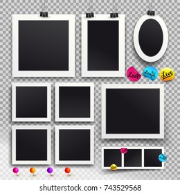 Set of square vector photo frames on sticky tape, pins and rivets. Template photo design. Vector illustration. Isolated on white background