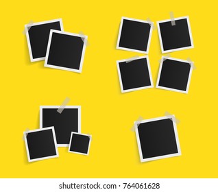 Set of square vector photo frames on sticky tape on yellow background. Template photo design. Vector illustration