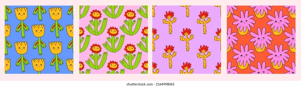 set of square vector seamless patterns-flower characters in hippie style.1970 good vibes.Funky and groovy 1970 daisy flower.Funky 1960 psychedelic ornament with floral.Funny botanic background