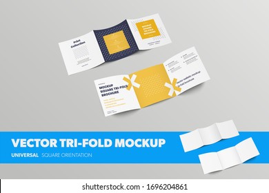 Set of square vector tri-folds, open standard roll fold brochures, front and back views, with realistic shadows, for design presentation. Mockup of blank white business booklet isolated on background