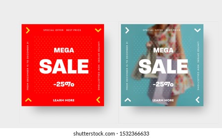 Set of square vector web banners for mega big sale with white arrow patterns and place for photo. Red and blue color templates for social media and email newsletters.