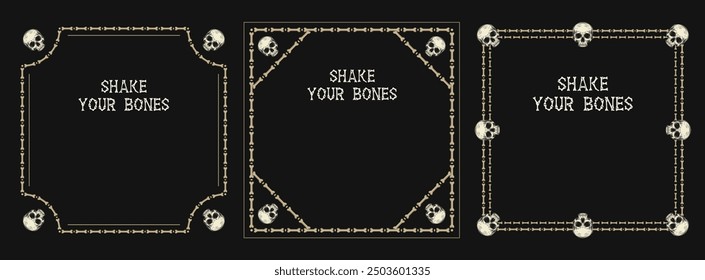 Set of square vintage frames made with bones, half human skull. Layout, template with copy space, copy text. For Halloween, Dia de los Muertos holiday decoration. Gothic vintage style.