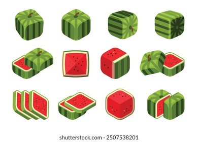 Set of Square watermelon, Farm fresh watermelon product emblem for grocery shop, Slides, long and cross sections, and different positions, simple flat vector illustration of vegetables and fruits.
