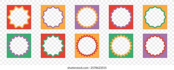 Set of square wavy frames. Trendy borders in retro groovy style. Modern graphic template