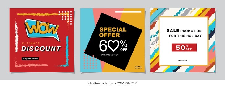 Set for square web banner for social media post design template. summer sale promotion and discount backgrounds with abstract pattern.