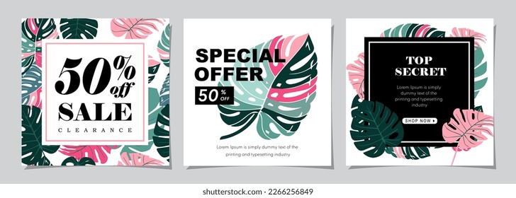 Set for square web banner for social media post design template. summer sale promotion. discount backgrounds with tropical pattern. mobile apps advertising. 
